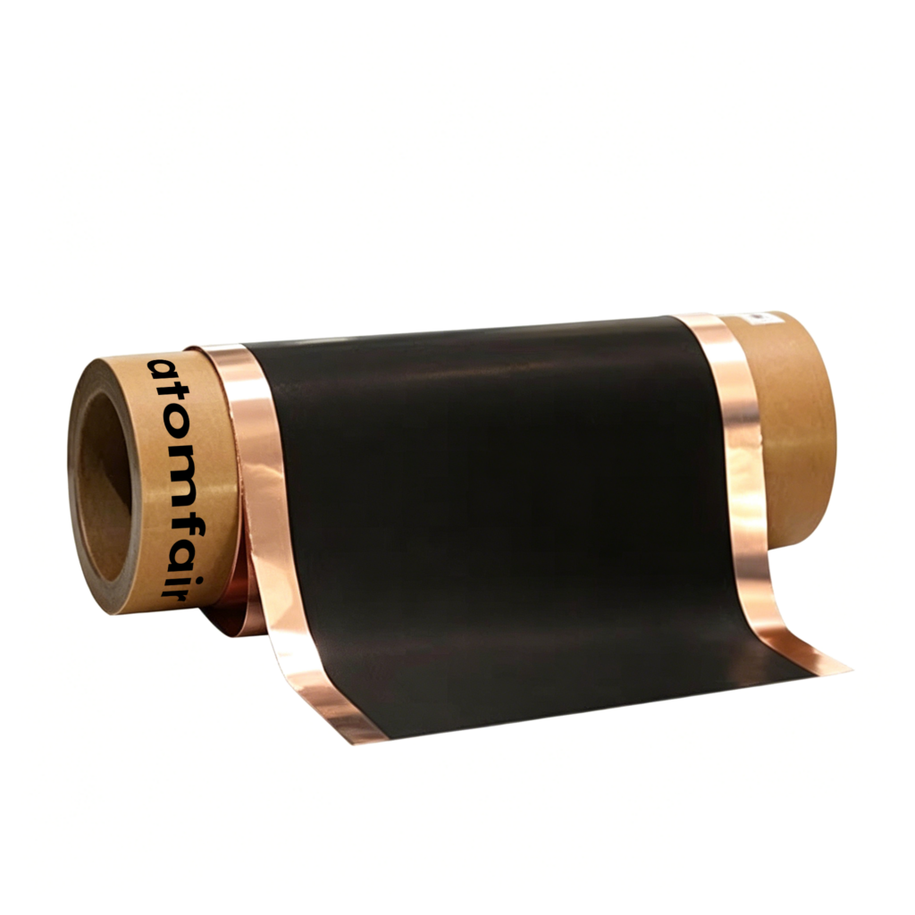 ATOMFAIR® a roll of graphite coated copper foil showing a dark black matte sheet extending from a silver metallic roll edge.