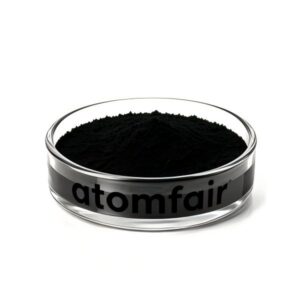 ATOMFAIR® high-porosity conductive carbon black powder with 600 m2/g surface area inside a clear glass petri dish on a white background.