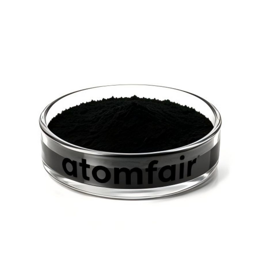 Conductive Carbon Black Powder 62 m²/g BET 400g ATOMFAIR® 1 ATOMFAIR® high-porosity conductive carbon black powder with 600 m2/g surface area inside a clear glass petri dish on a white background.