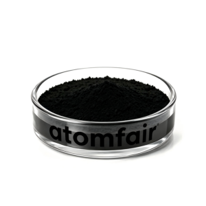 ATOMFAIR® SUPER C45 conductive carbon black fine black powder inside a clear egg-shaped glass display bottle.