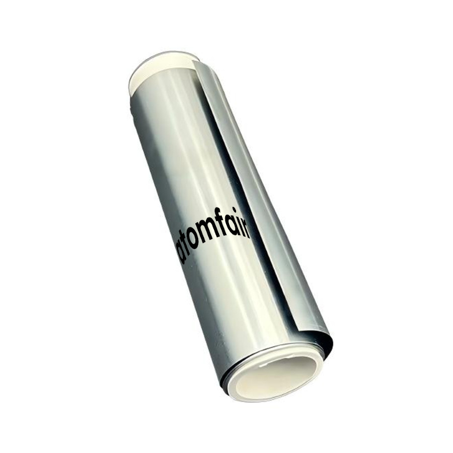 ATOMFAIR NA-N2000 Na Metal Strip Band Half-Cell Foil 1 ATOMFAIR® blue and silver roll of 0.07mm sub-100um ultra-thin sodium metal ribbon with al cu reinforcement on a white background
