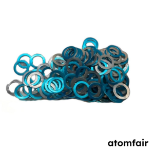 ATOMFAIR® blue and silver circular sodium metal rings with high mechanical stability on a white background