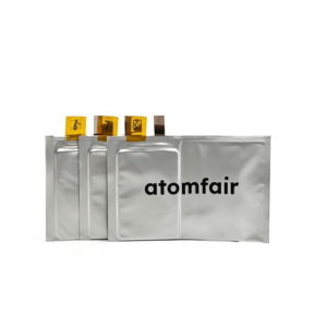 ATOMFAIR® 0.5Ah NCM811 lithium metal dry pouch battery cells featuring three silver laminate packs with marked tabs.
