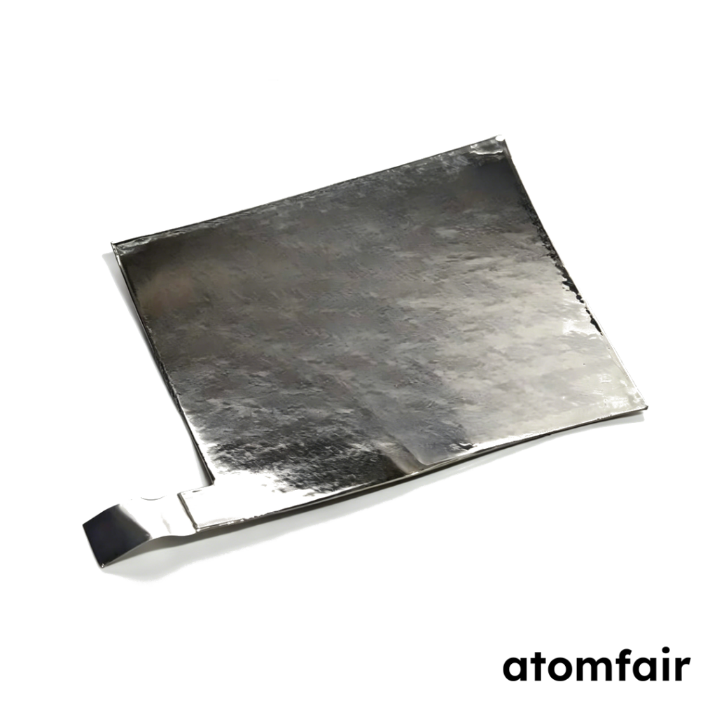 ATOMFAIR® blue and silver high flatness rectangular sodium metal sheets for pouch cell testing on a white background