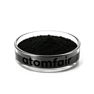 ATOMFAIR® AH carbon nanotubes fine black powder inside a clear egg-shaped glass display bottle.