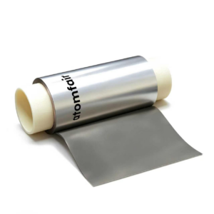 ATOMFAIR® a roll of shiny metallic silver PET composite aluminum foil with a smooth gray sheet extending outward.