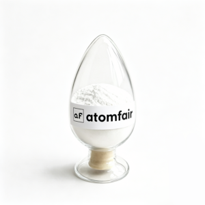 White ATOMFAIR® lithium carbonate powder sealed inside a clear egg-shaped glass display bottle on a white background.