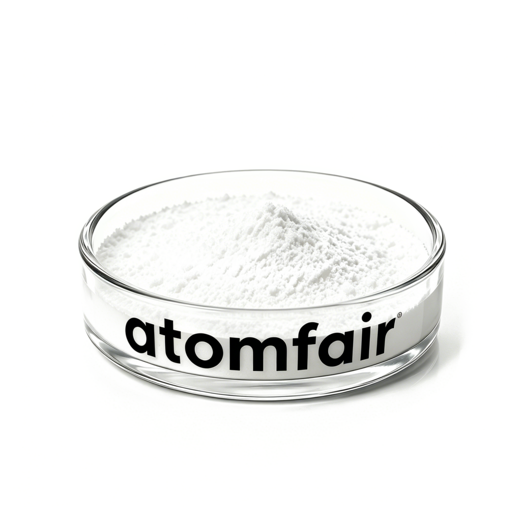ATOMFAIR® Carboxymethyl Cellulose CMC white powder substance inside a clear egg-shaped glass bottle.