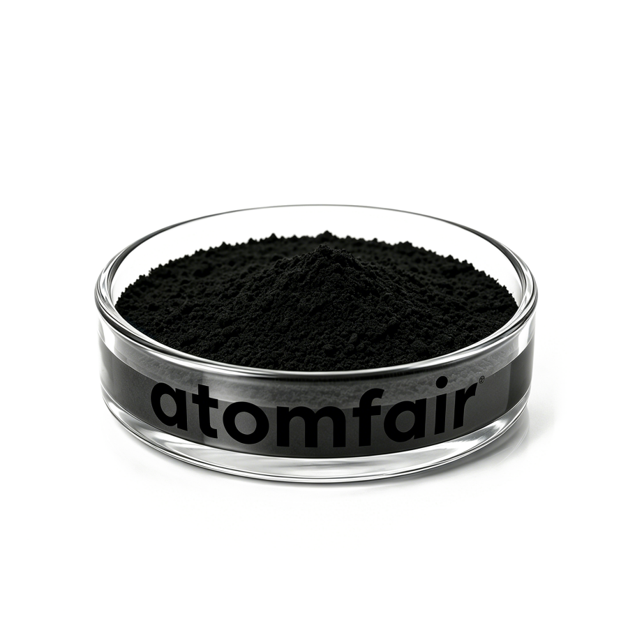 Graphene Nanoplatelets 1-10nm 25g Research Grade ATOMFAIR® 1 ATOMFAIR® graphene nanoplatelets fine black powder inside a clear egg-shaped glass display bottle.