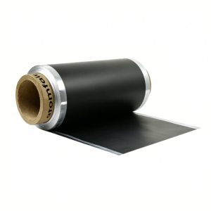 ATOMFAIR® a roll of graphite coated copper foil showing a dark black matte sheet extending from a silver metallic roll edge.