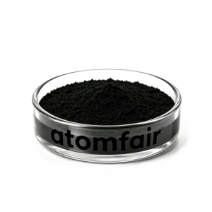 ATOMFAIR® high-conductivity activated carbon fine black powder inside a clear egg-shaped glass display bottle.