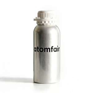 photo of ATOMFAIR® high purity white Lithium Bromide powder inside a clear glass display bottle on a plain background.