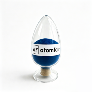 Dark blue ATOMFAIR® LCO powder sealed inside a clear egg-shaped glass display bottle on a white background.