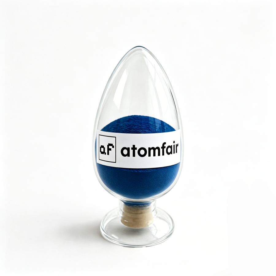 LCO-Hexa Li₆CoO₄ Sacrificial Additive Research ATOMFAIR® 1 Dark blue ATOMFAIR® LCO powder sealed inside a clear egg-shaped glass display bottle on a white background.