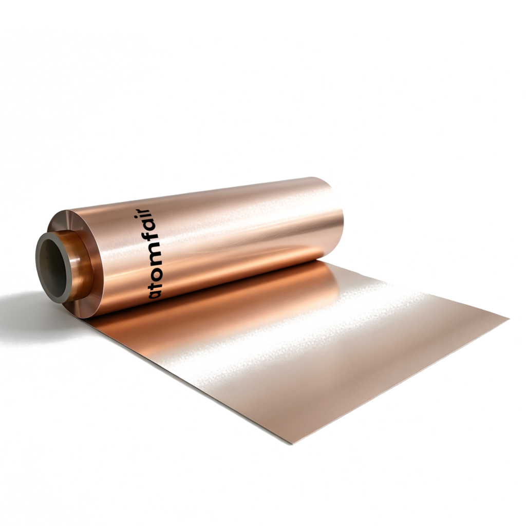 ATOMFAIR® a roll of reddish copper foil on a brown core, showing a shiny silver metallic lithium laminated sheet extending flat.