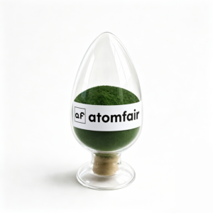 Dark green ATOMFAIR® LNO powder sealed inside a clear egg-shaped glass display bottle on a plain white background.