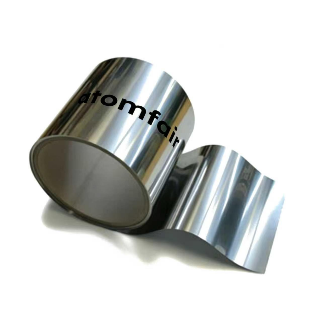 ATOMFAIR® two highly reflective silver metallic rolls of nickel metal foil showing a smooth mirror-like surface on a white background.