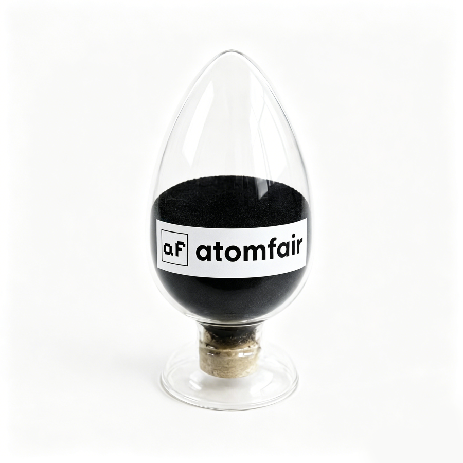 Black ATOMFAIR® sodium cathode powder sealed inside a clear egg-shaped glass display bottle on a white background.