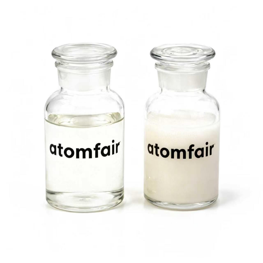 ATOMFAIR® Polyacrylic Acid PAA liquid samples with one clear liquid and one milky white liquid bottle.