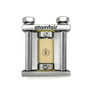 ATOMFAIR® Raman spectroscopy testing fixture for battery cell analysis with a clear quartz viewing window.