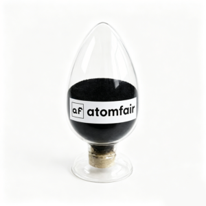 Black ATOMFAIR® composite powder sealed inside a clear egg-shaped glass display bottle on a white background.