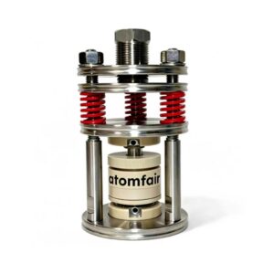 ATOMFAIR® single-axis constant-pressure solid-state battery test mold featuring three red tension springs.