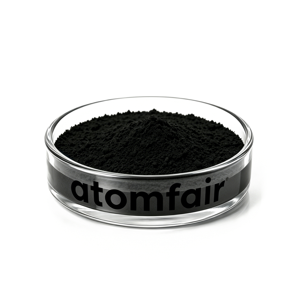 ATOMFAIR® fine black vapor-grown carbon fibers VGCF powder inside a clear egg-shaped glass display bottle.