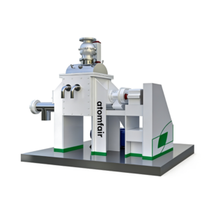 ATOMFAIR® fiber network strengthening industrial machine with a white body, top metal valves, and green trim on a grey platform.