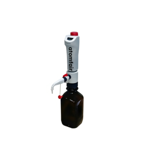 ATOMFAIR® digital liquid injector with a white plastic body mounted on an amber glass bottle over a clean white background.