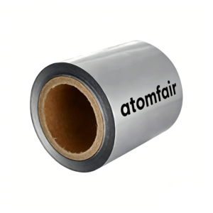 ATOMFAIR® one roll of silver shiny aluminum laminated film partly unrolled on a white background.