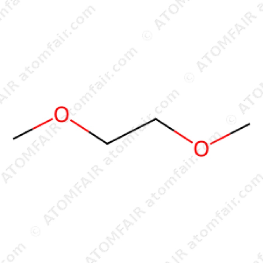 1,2-Dimethoxyethane 99.95% Battery Grade DME ATOMFAIR® 1 diagram showing the 2D chemical structure of ATOMFAIR® 1,2-Dimethoxyethane DME molecule.
