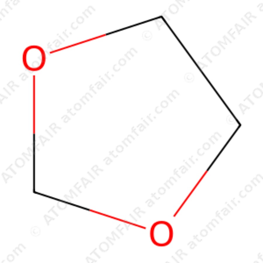 1,3-Dioxolane 99.95% Battery Grade 250ml ATOMFAIR® 1 diagram showing the 2D cyclic chemical structure of ATOMFAIR® 1,3-Dioxolane DOL molecule.