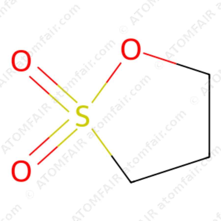 1,3-Propanesultone 99.95% Battery Grade Moisture ATOMFAIR® 1 diagram showing the 2D cyclic chemical structure of ATOMFAIR® 1,3-Propanesultone PS molecule.
