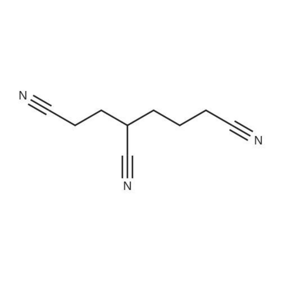 1,3,6-Hexanetricarbonitrile 99.5% Battery Grade ATOMFAIR® 1 diagram showing the 2D skeletal chemical structure of ATOMFAIR® 1,3,6-Hexanetricarbonitrile HTCN molecule.