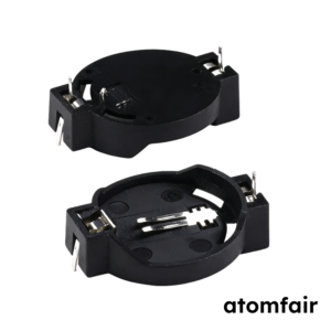 ATOMFAIR® two black plastic twenty millimeter PTH coin cell battery holders showing top and bottom views on a white background.
