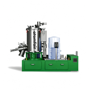 ATOMFAIR® fibrillation industrial machine featuring a stainless steel cylinder tank and a blue motor on a dark green base.