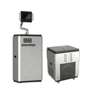 ATOMFAIR® lab scale fiber network strengthening system featuring a silver machine with an overhead screen panel next to a compact cabinet unit.