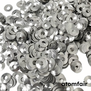 ATOMFAIR® a large pile of circular metallic 304 and 316L stainless steel conical disc springs on a white background.