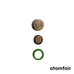 ATOMFAIR® 316 stainless steel LR41 coin cell case components arranged vertically showing the top cap bottom cup and a green sealing O-ring.