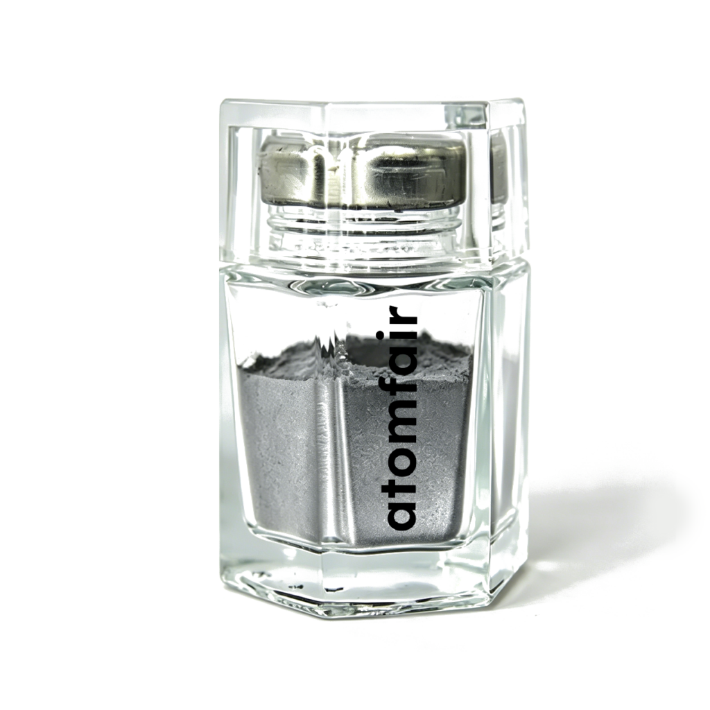 Atomfair® 316L stainless steel MIM powder showing a dark gray metallic fine substance within a clear hexagonal glass bottle.
