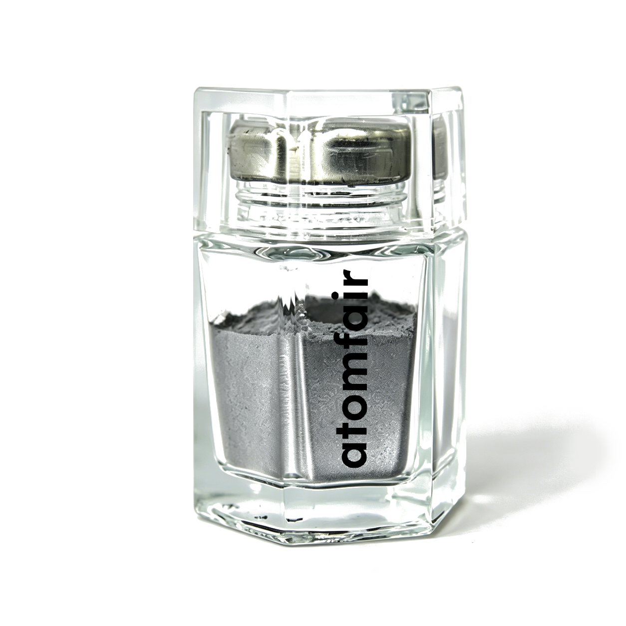 316L Stainless Steel MIM Powder 1 Atomfair® 316L stainless steel MIM powder showing a dark gray metallic fine substance within a clear hexagonal glass bottle.