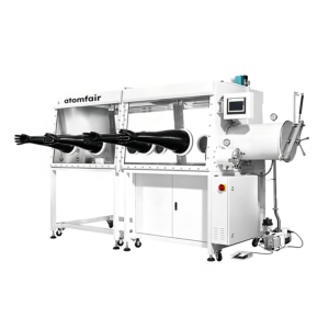 ATOMFAIR® 4-station opposite glove box with four black gloves, PLC control screen, and vacuum pump on white background.