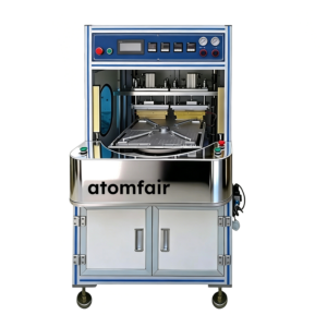 ATOMFAIR® rotary pouch battery sealing machine featuring a white lower cabinet, middle rotary workspace, and a blue top control panel.