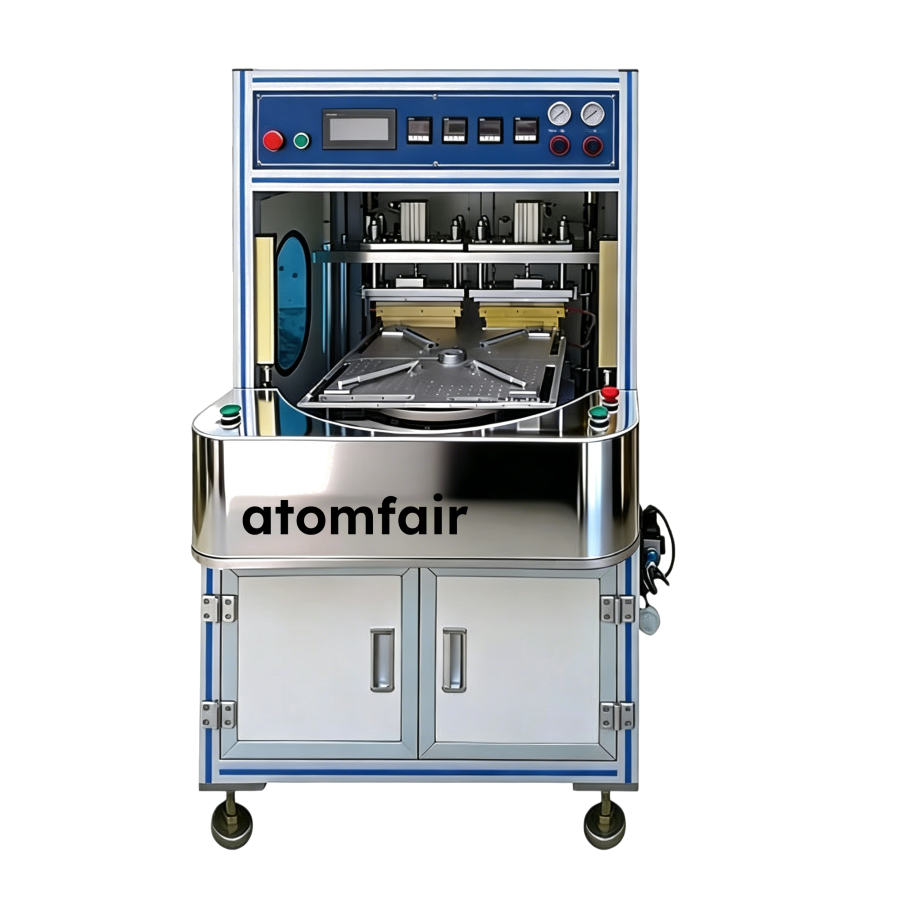 Rotary Top & Side Sealing Machine ±0.01mm ATOMFAIR® 1 ATOMFAIR® rotary pouch battery sealing machine featuring a white lower cabinet, middle rotary workspace, and a blue top control panel.