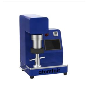 ATOMFAIR® blue laboratory vacuum planetary mixer featuring a stainless steel mixing cup and a black touch control screen on a white background.