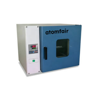 ATOMFAIR® digital forced air drying oven with a blue front door, central glass window, and a white side control panel on a clean background.