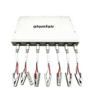 ATOMFAIR® gray battery tester testing system with seven alligator clip cables on a white background.