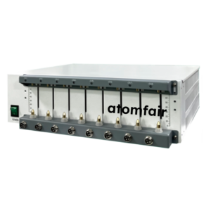 ATOMFAIR® white battery tester testing system with eight coin cell testing slots on a white background.