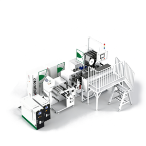 ATOMFAIR® multi-unit film forming composite industrial line with white modular cabinets, rollers, and a railed metal platform step.