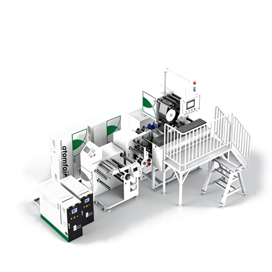 AF-6RFFE 6-Roll Double-Sided Film Forming System ATOMFAIR® 1 ATOMFAIR® multi-unit film forming composite industrial line with white modular cabinets, rollers, and a railed metal platform step.